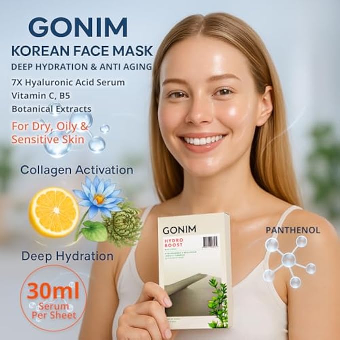 GONIM FACE MASK KOREAN SKIN CARE WITH HYALURONIC ACID SERUM & COLLAGEN ACTIVATION, HYDRATING FACE MASKS SKINCARE WITH VITAMIN C, MOISTURIZING SHEET MASK FOR ALL SKIN, KOREAN FACE MASK 10 SHEETS - Image 2